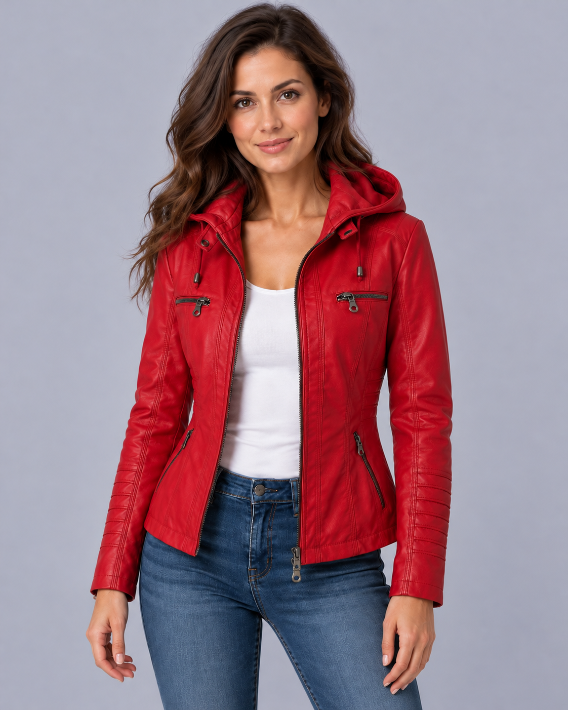 Women's Jacket Leather-Look Hooded Zip Up