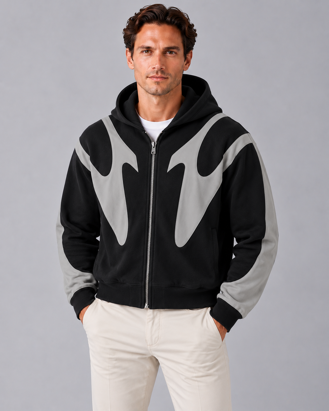 Men's Patchwork Zip Up Hoodie | Oversized Streetwear Jacket