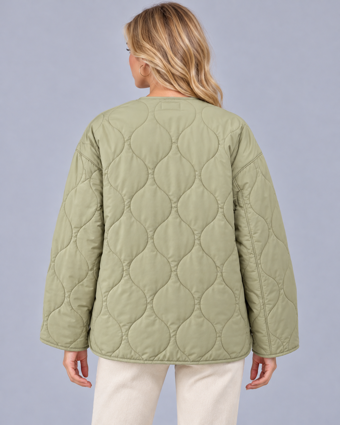 Women's Collarless Quilted Jacket | Lightweight Padded Zip-Up Jacket with Wave Stitching