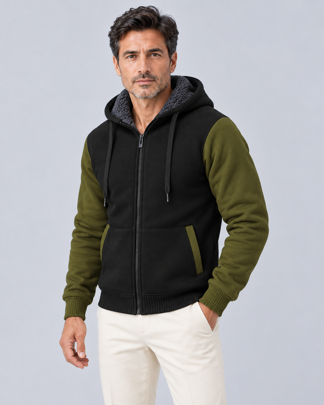 Men's Fleece-Lined Colour Block Hoodie | Full-Zip Winter Sweatshirt
