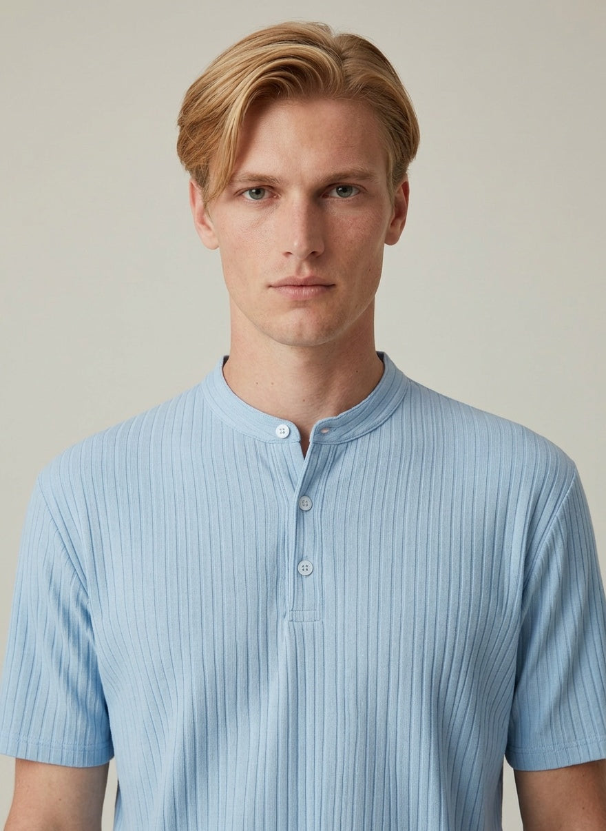 Close-up of the model wearing Men's Classic Henley Shirt