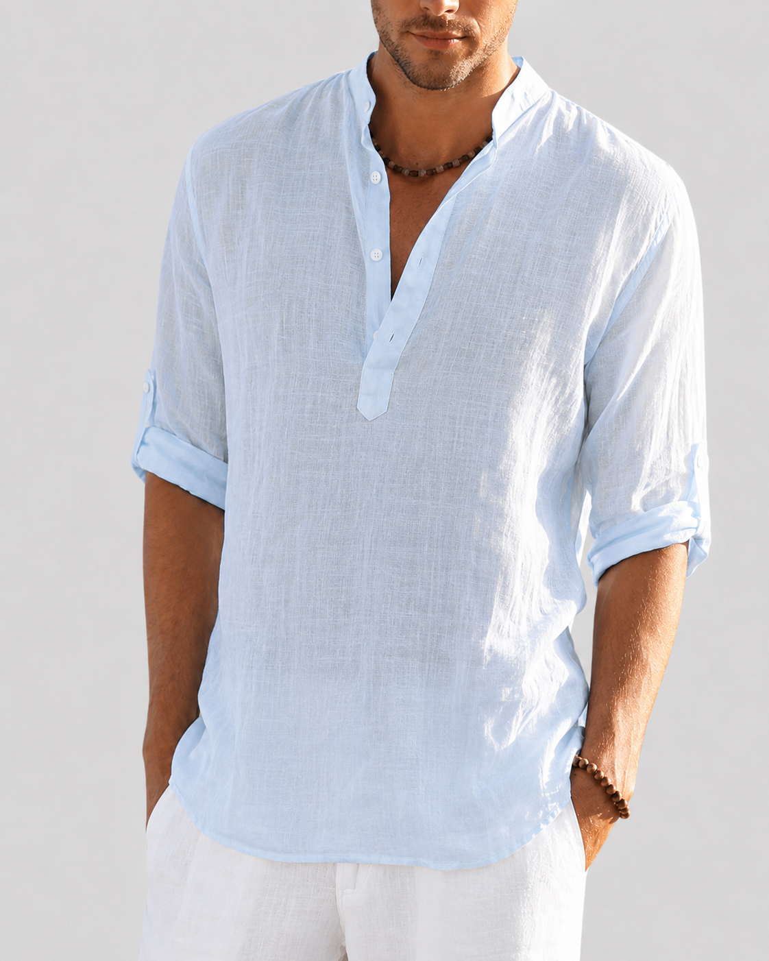 Men's Linen Open Collar Long Sleeve Shirt