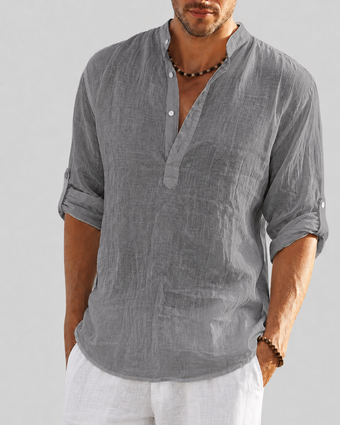 Men's Linen Open Collar Long Sleeve Shirt