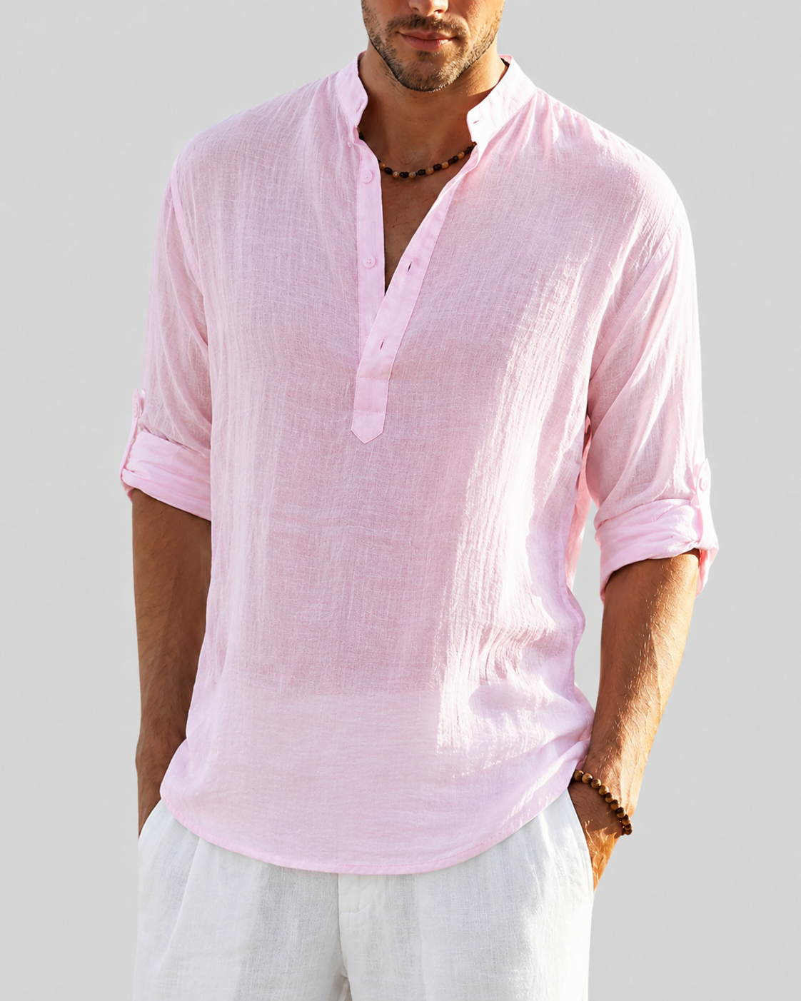 Men's Linen Open Collar Long Sleeve Shirt