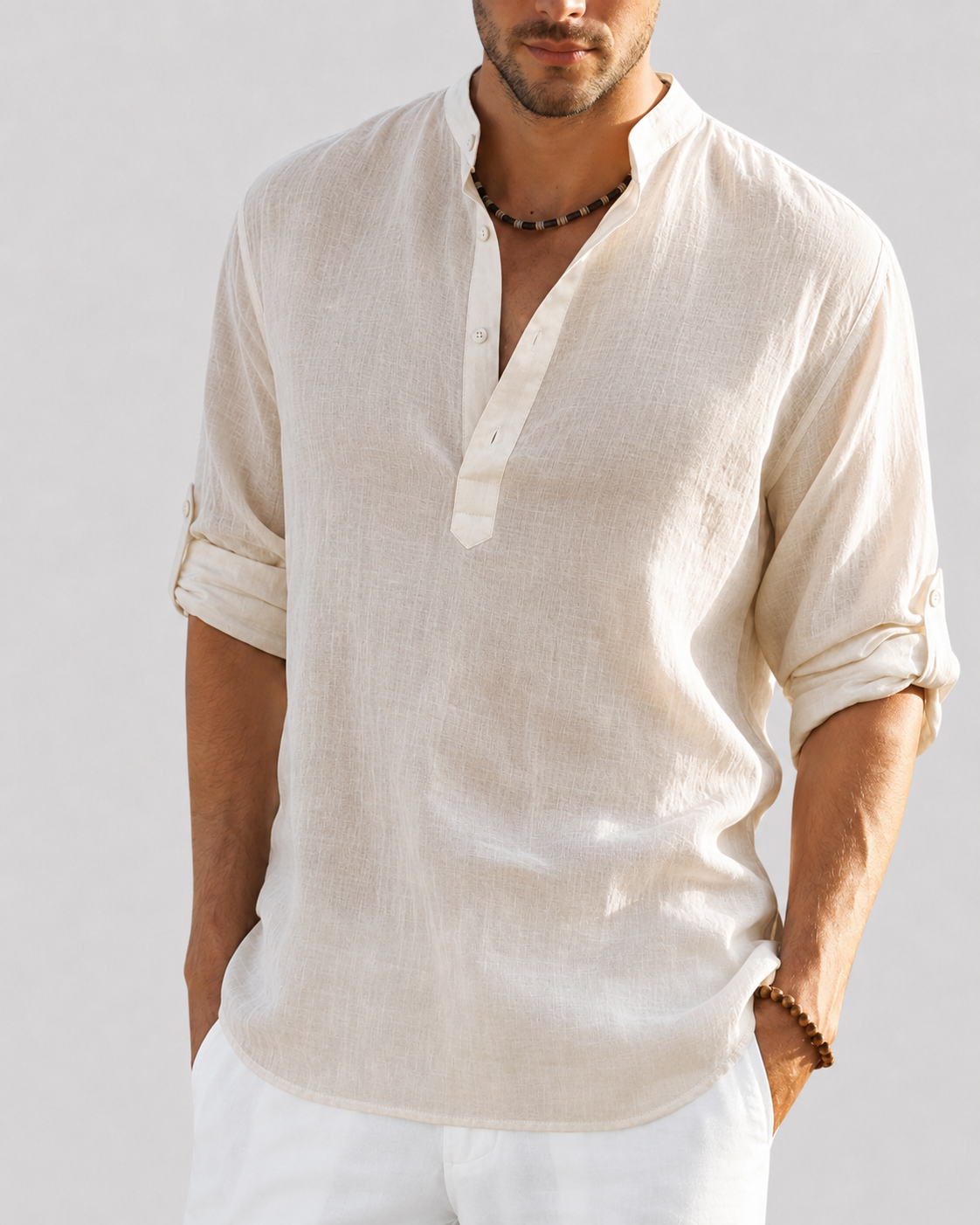 Men's Linen Open Collar Long Sleeve Shirt