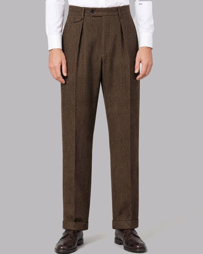 Men's Rayon Herringbone Pleated Trousers with Straight Leg Fit