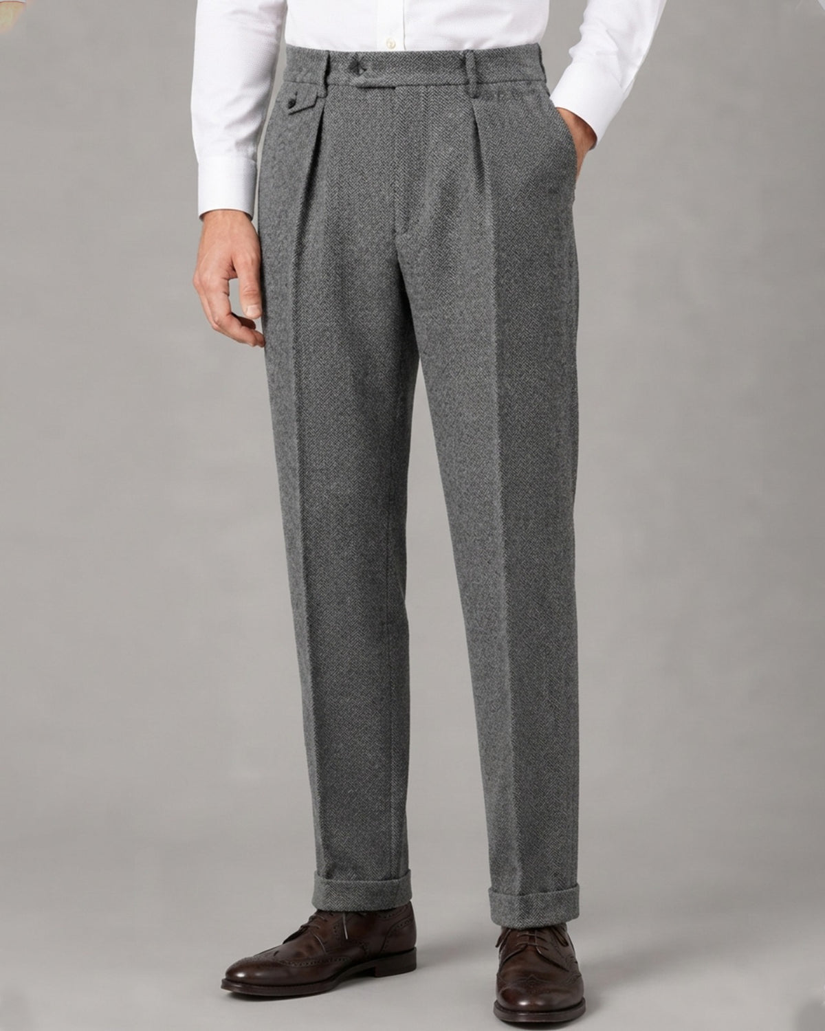 Men's Rayon Herringbone Pleated Trousers with Straight Leg Fit