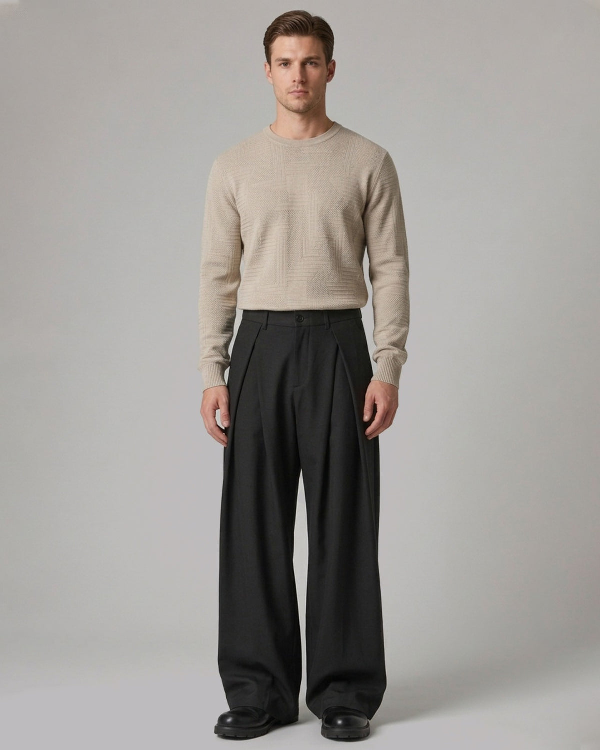 Men's Woven Pleated Wide Leg Trousers with Tailored Fit