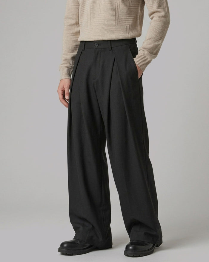 Men's Woven Pleated Wide Leg Trousers with Tailored Fit