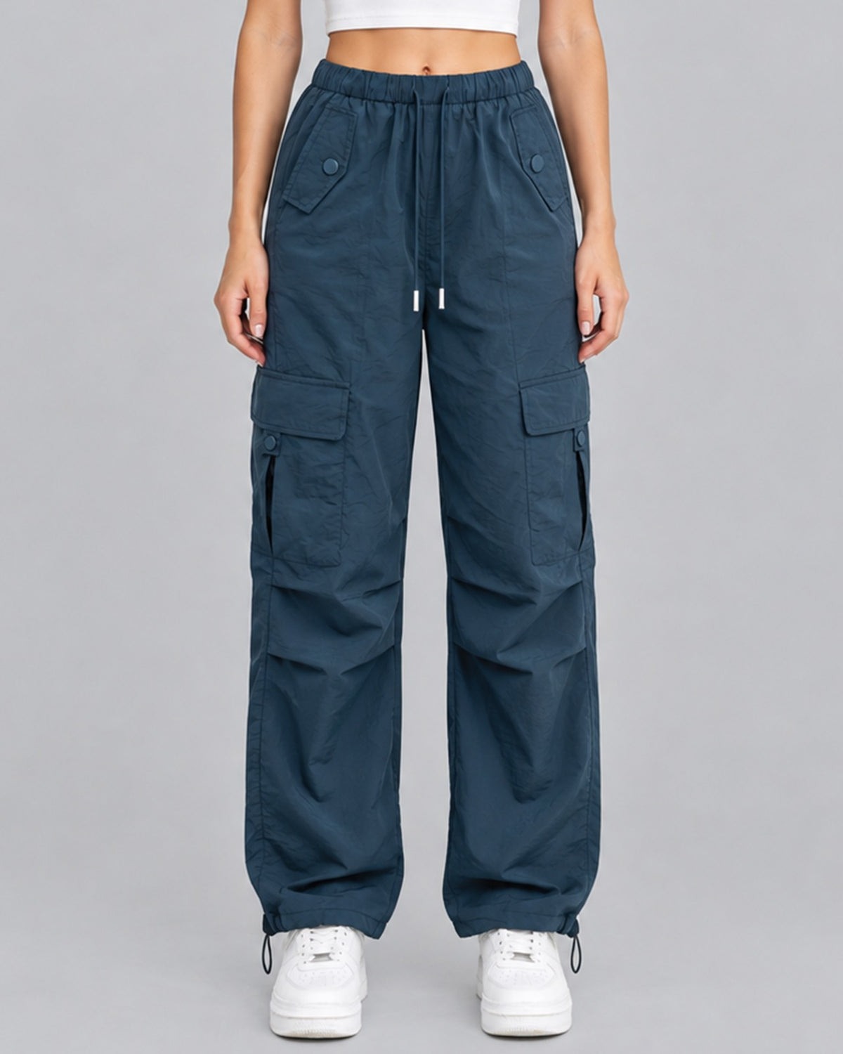 Women's Comfortable Cotton Cargo Trousers with Drawstring Waist Parachute Style