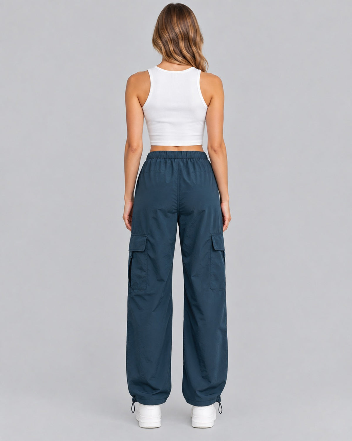 Women's Comfortable Cotton Cargo Trousers with Drawstring Waist Parachute Style
