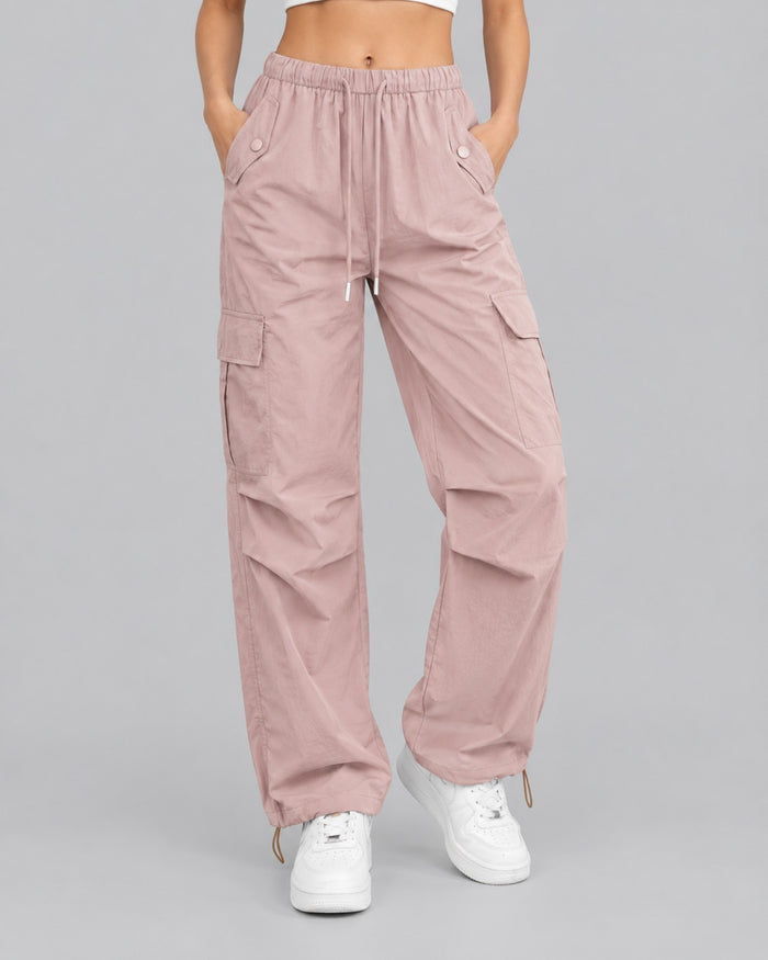 Women's Comfortable Cotton Cargo Trousers with Drawstring Waist Parachute Style