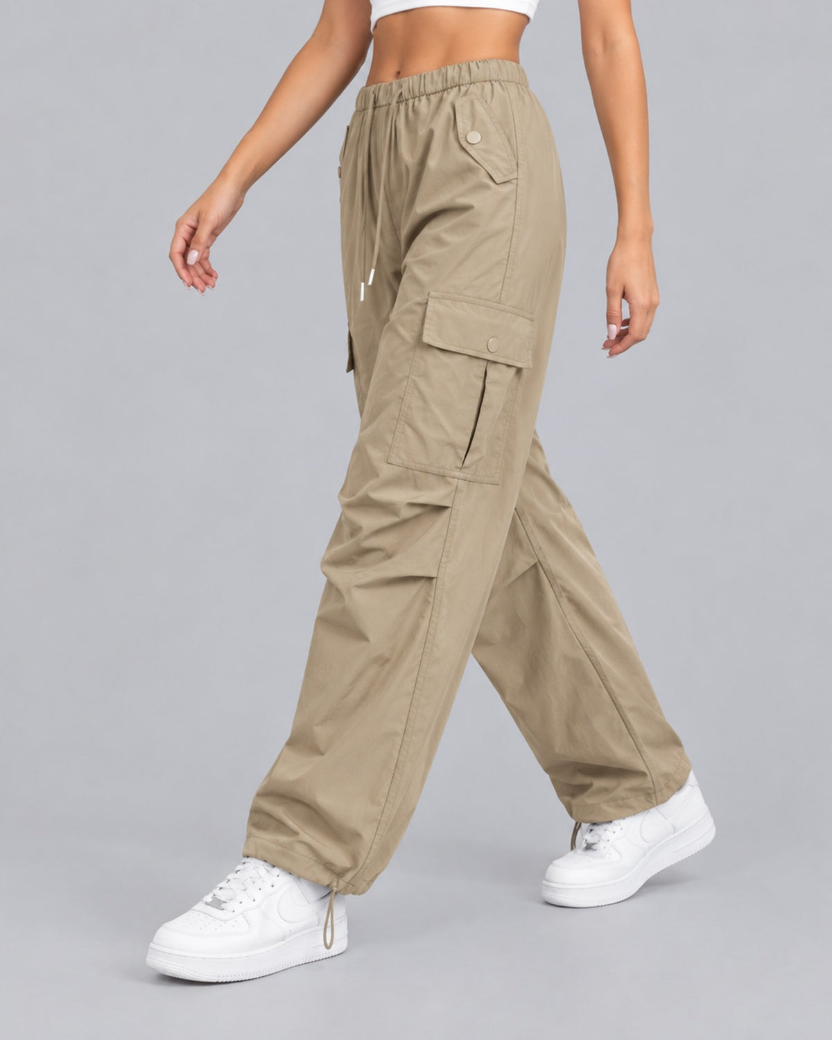 Women's Comfortable Cotton Cargo Trousers with Drawstring Waist Parachute Style