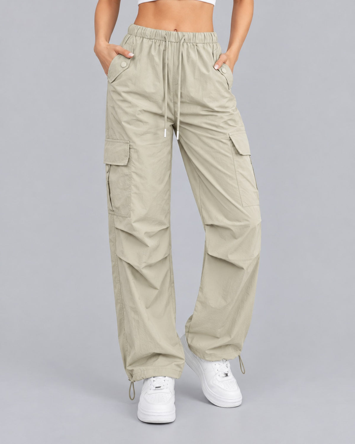 Women's Comfortable Cotton Cargo Trousers with Drawstring Waist Parachute Style