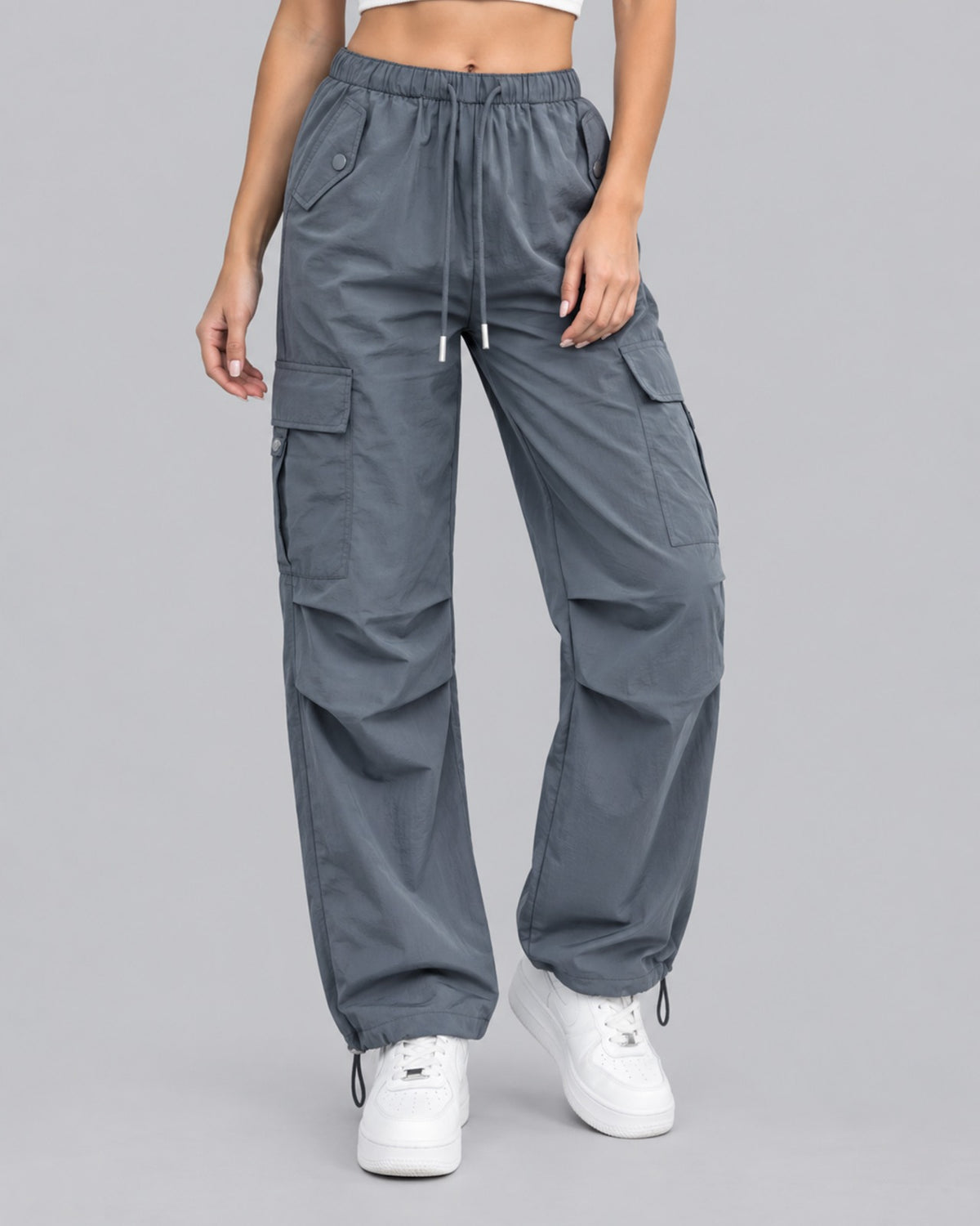 Women's Comfortable Cotton Cargo Trousers with Drawstring Waist Parachute Style