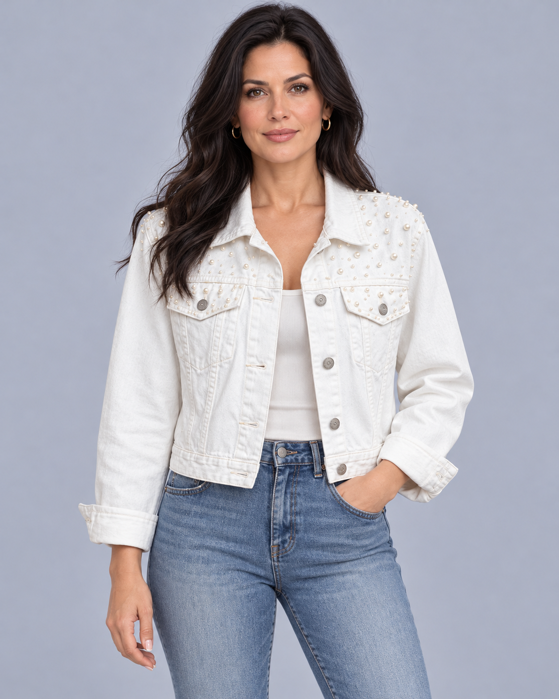 Women's Cropped Denim Jacket | Pearl-Embellished Relaxed Fit Jacket with Chest Pockets