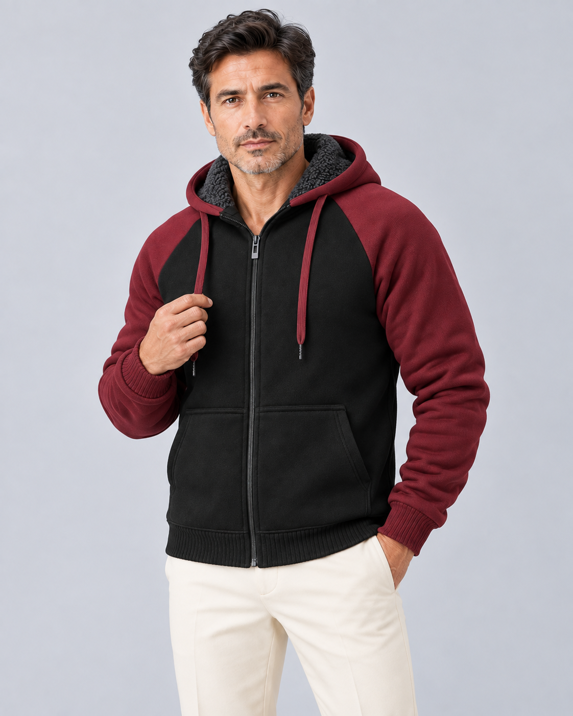 Men's Fleece-Lined Colour Block Hoodie | Full-Zip Winter Sweatshirt