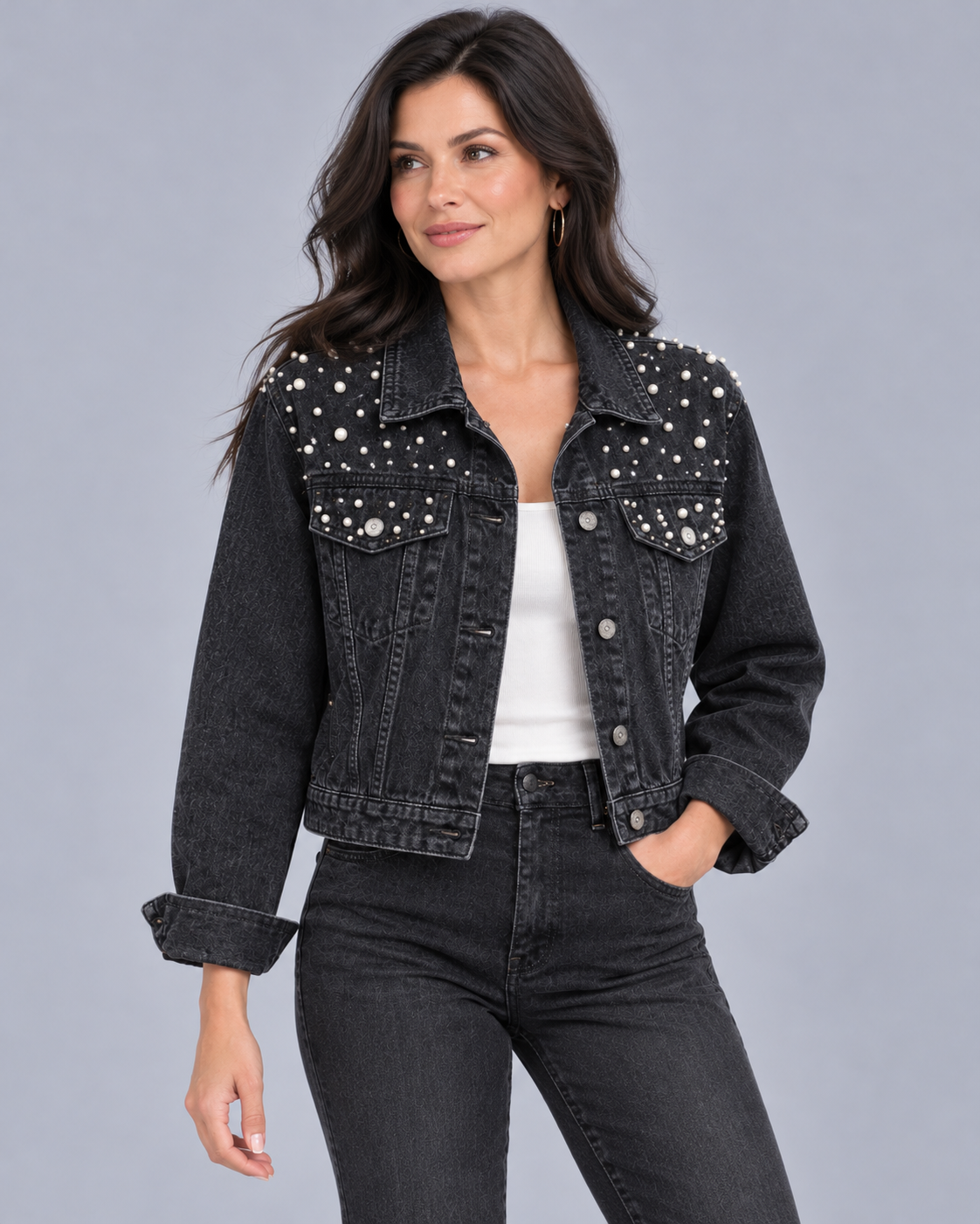 Women's Cropped Denim Jacket | Pearl-Embellished Relaxed Fit Jacket with Chest Pockets