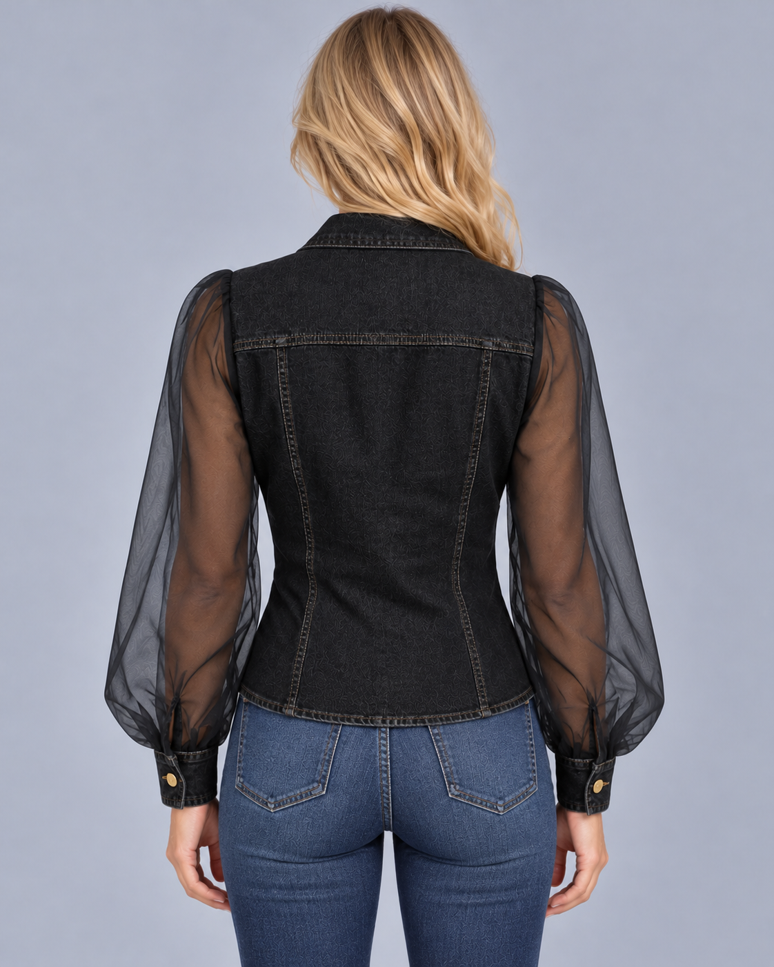 Women's Denim-Look Blouse with Sheer Balloon Sleeves – Button Front, Chest Pockets, Fitted Waist