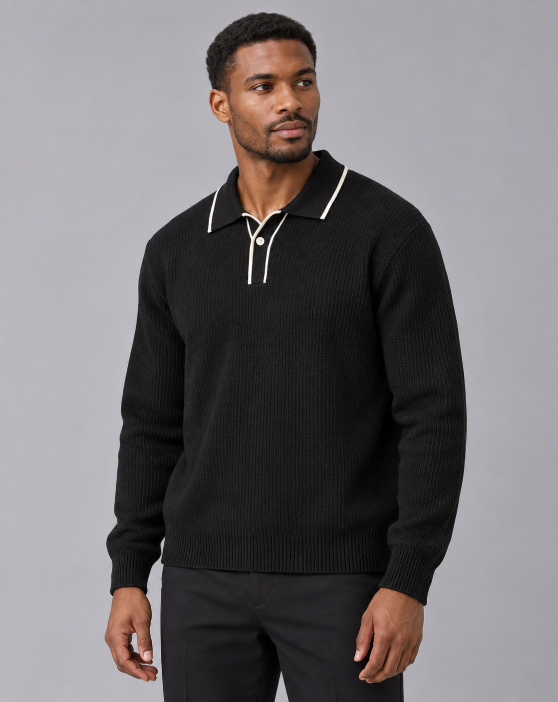 Men's Linen blend Long Sleeve Polo | Knitted Polo Jumper with Contrast-Tipped Collar
