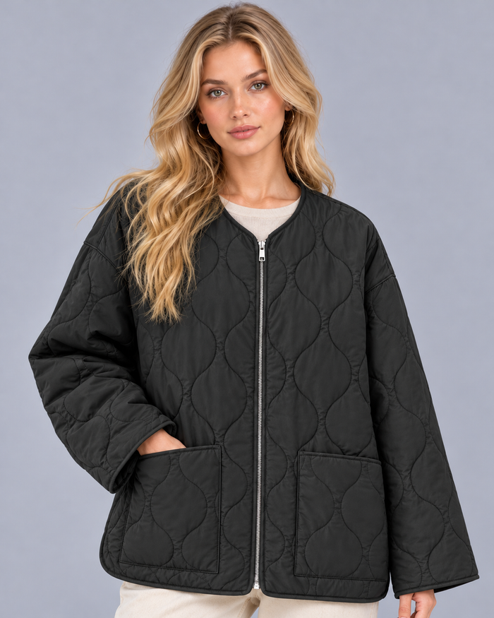 Women's Collarless Quilted Jacket | Lightweight Padded Zip-Up Jacket with Wave Stitching