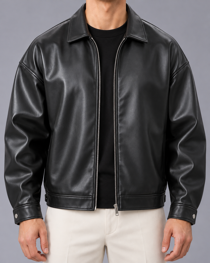 Men's Oversized Faux Leather Bomber Jacket | Front-Zip Closure