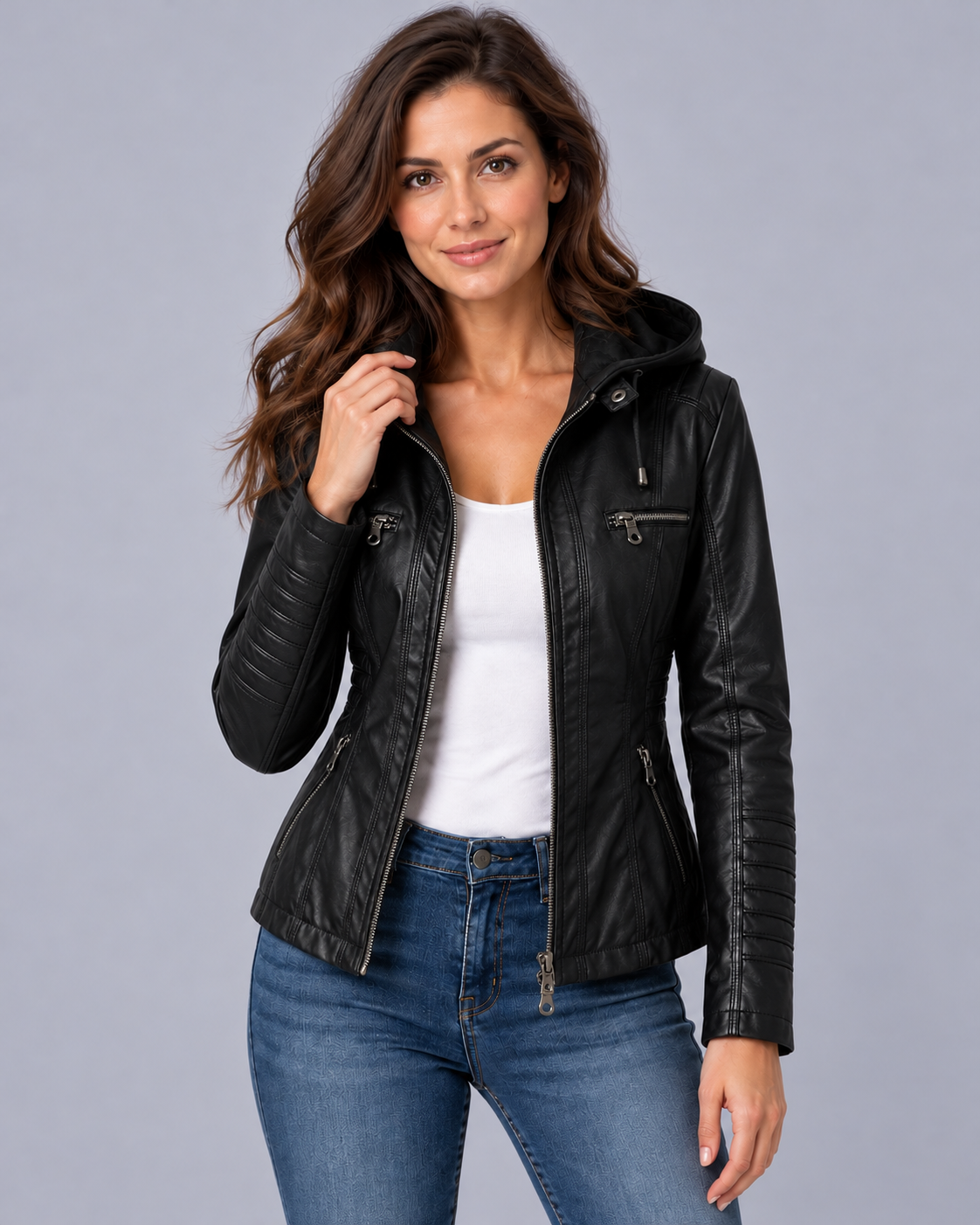 Women's Jacket Leather-Look Hooded Zip Up