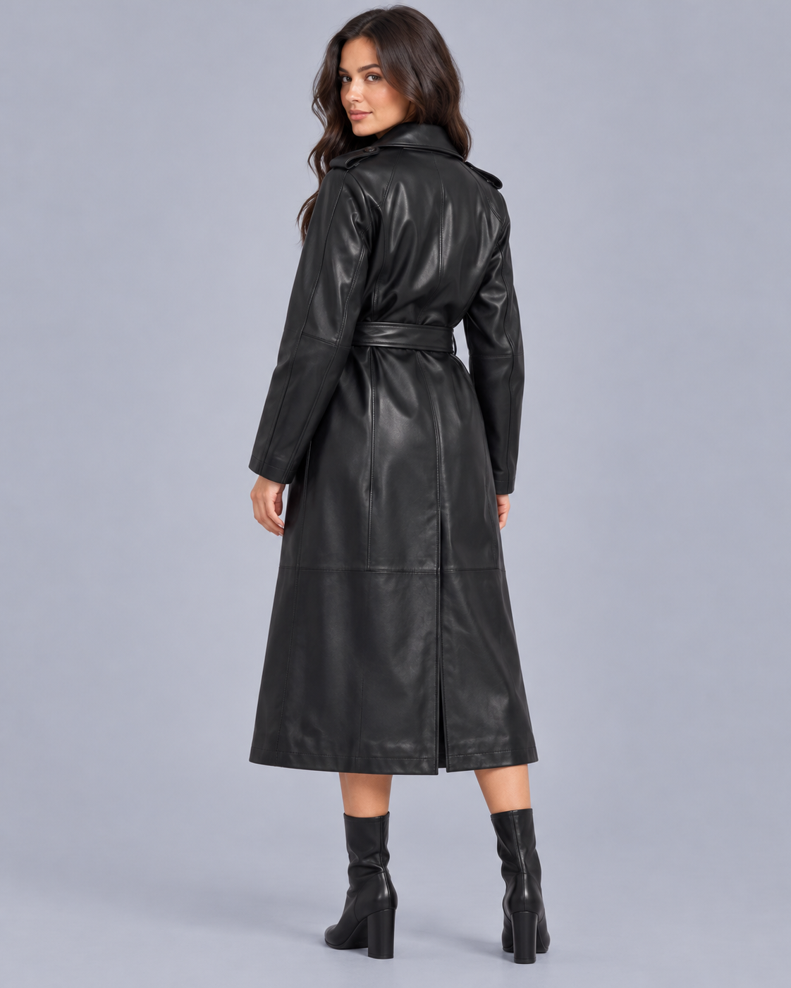 Women's Belted Faux Leather Midi Trench Coat | Long Overcoat