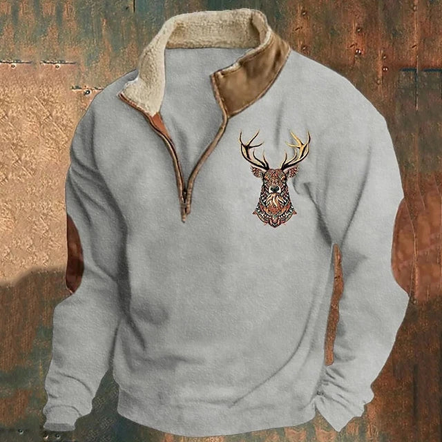 Men's Quarter-Zip Pullover with Elegant Stag Motif