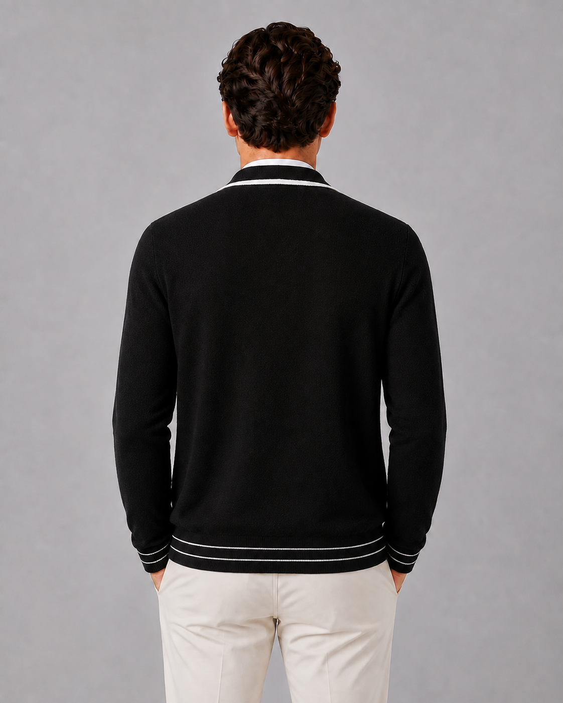 Two-Tone 100% Wool Knit Polo Cardigan
