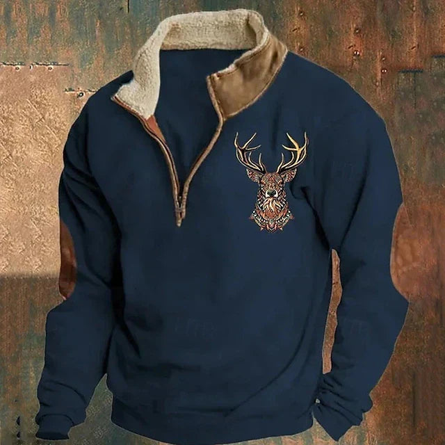 Men's Quarter-Zip Pullover with Elegant Stag Motif