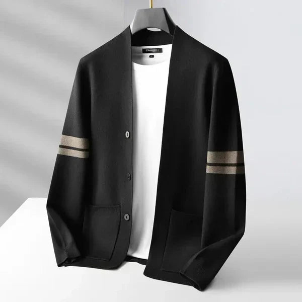 Merino Stripe-Sleeve Button Cardigan