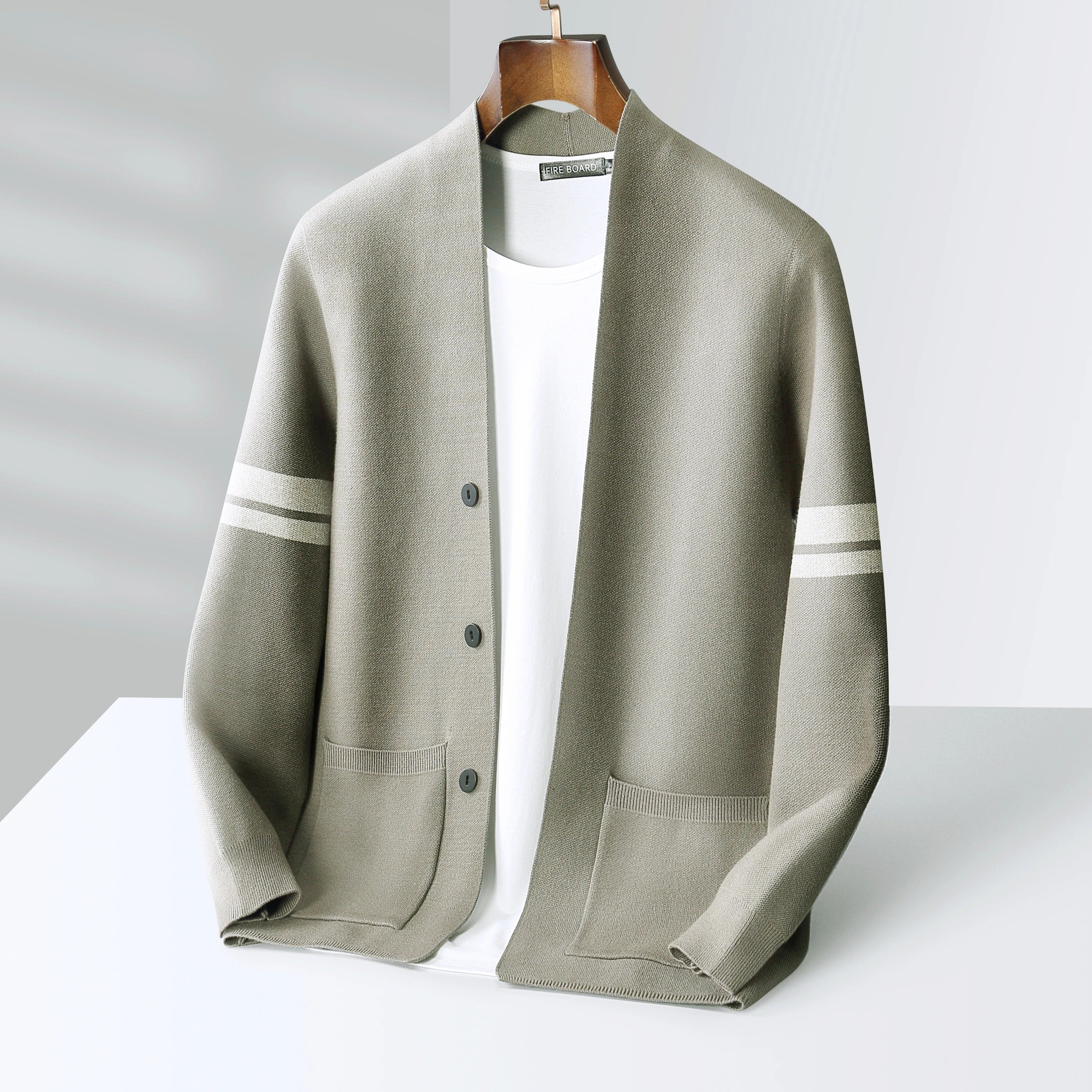 Merino Stripe-Sleeve Button Cardigan