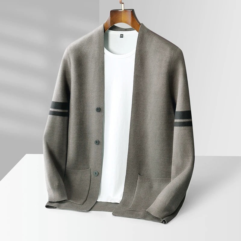 Merino Stripe-Sleeve Button Cardigan