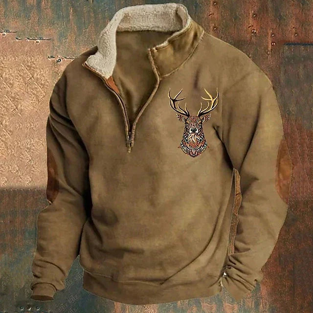 Men's Quarter-Zip Pullover with Elegant Stag Motif
