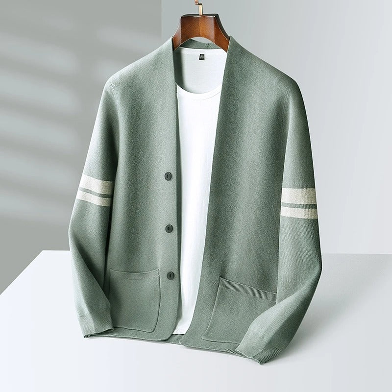 Merino Stripe-Sleeve Button Cardigan