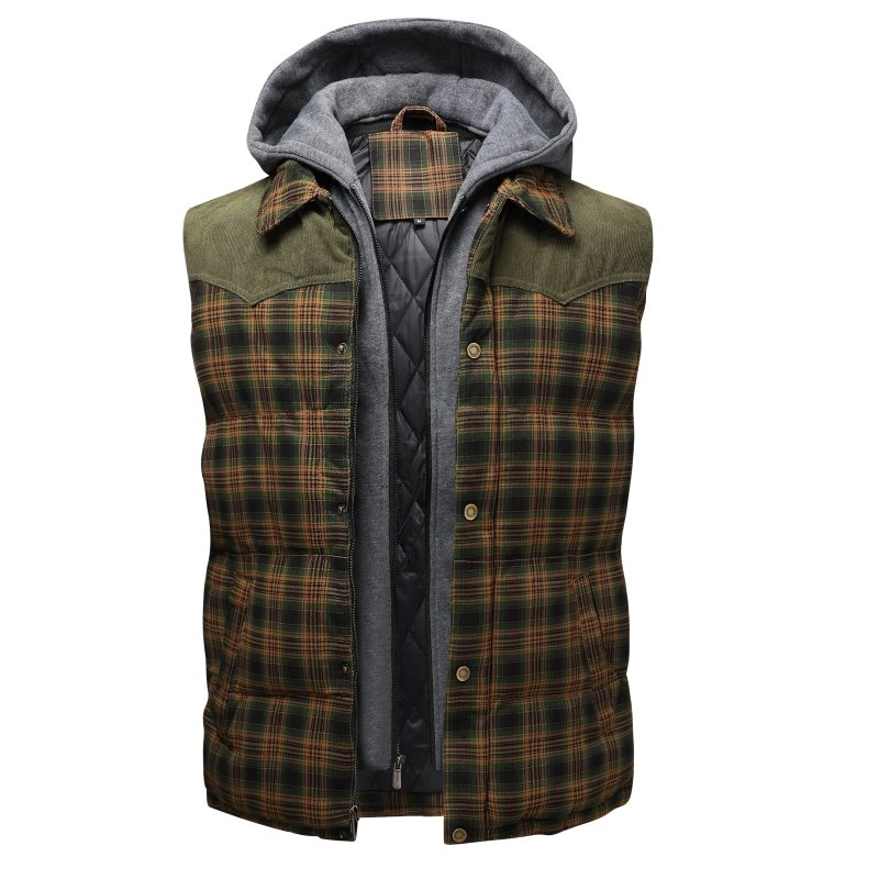 Men's Hooded Plaid Puffer Vest
