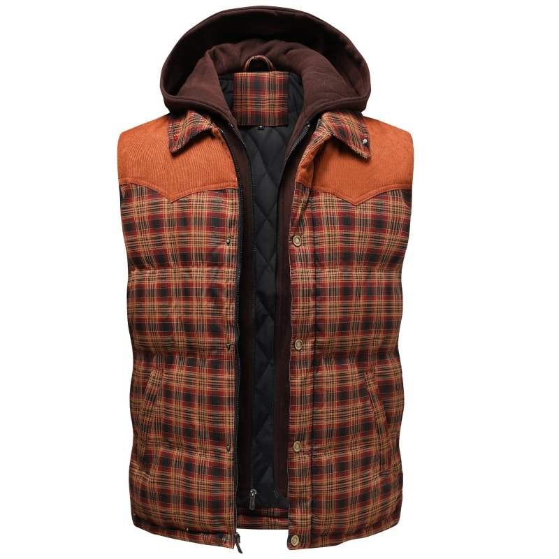 Men's Hooded Plaid Puffer Vest