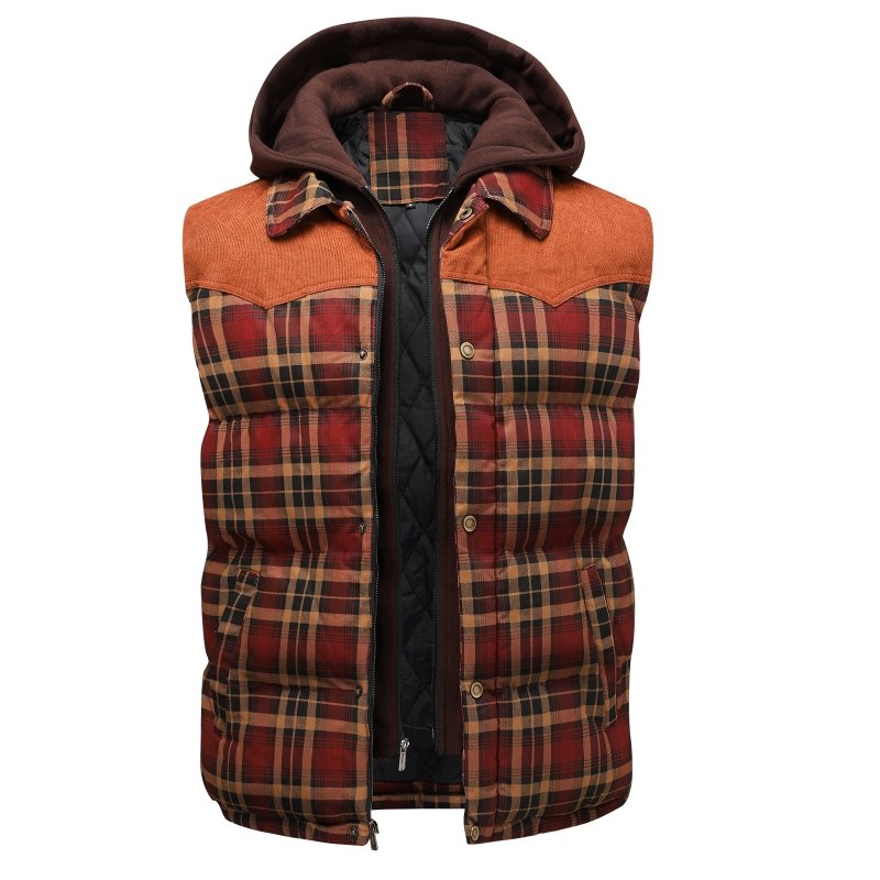 Men's Hooded Plaid Puffer Vest