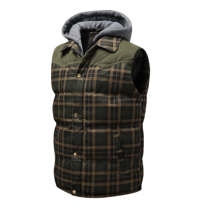Men's Hooded Plaid Puffer Vest