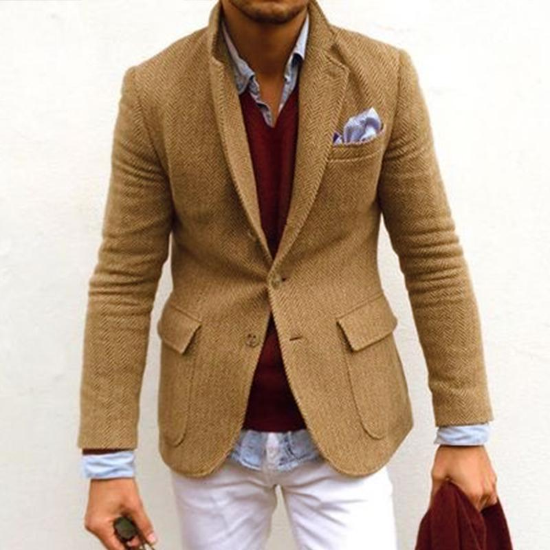 Men's Vintage Herringbone Wool Blend Notch Lapel Single Button Blazer