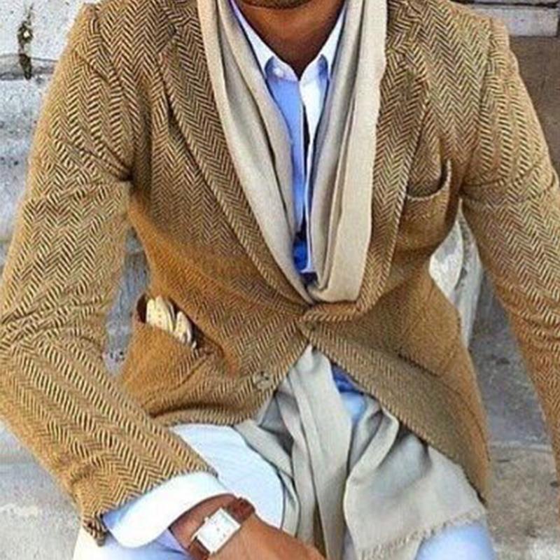 Men's Vintage Herringbone Wool Blend Notch Lapel Single Button Blazer