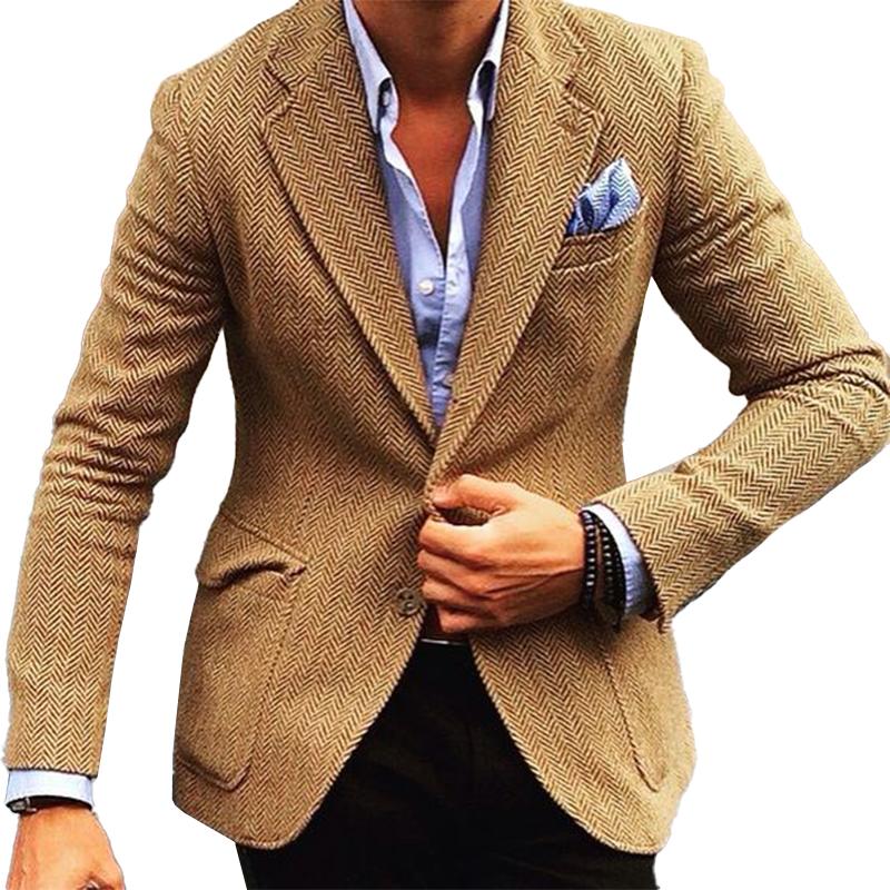 Men's Vintage Herringbone Wool Blend Notch Lapel Single Button Blazer