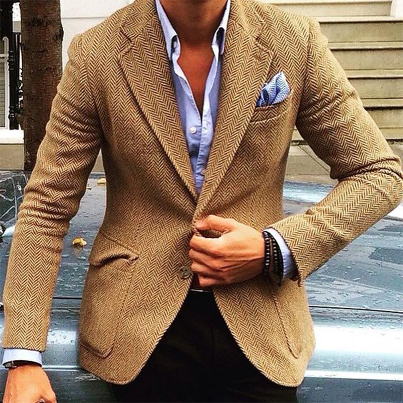 Men's Vintage Herringbone Wool Blend Notch Lapel Single Button Blazer