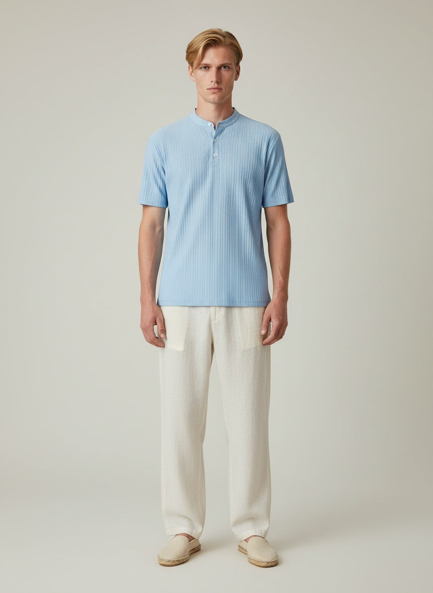 Full body view of the model wearing Men's Classic Henley Shirt