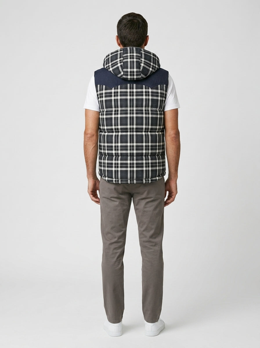 Men's Hooded Puffer Vest — On Model - Back View | Generated by Modelize