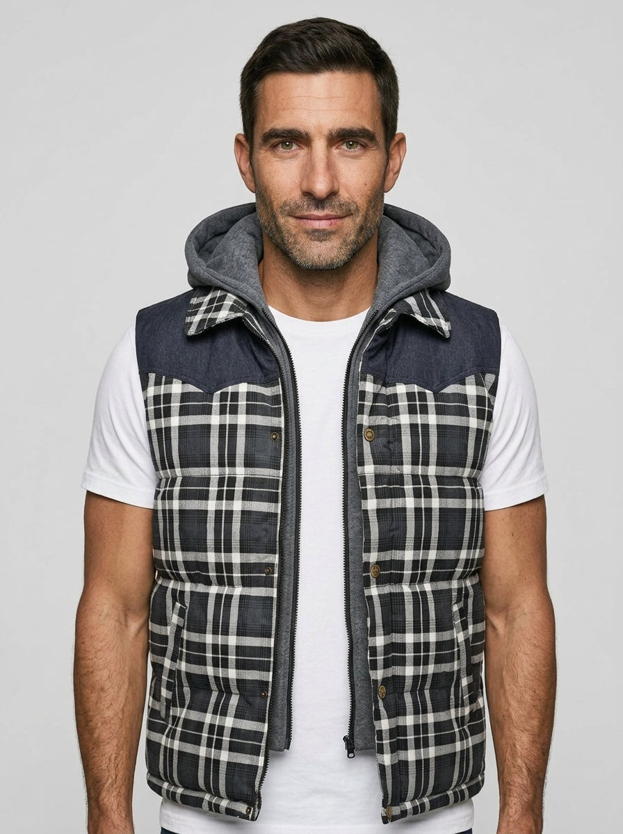 Men's Hooded Plaid Puffer Vest — On Model - Upper Body | Generated by Modelize