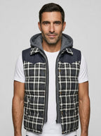 Men's Hooded Plaid Puffer Vest — On Model - Upper Body | Generated by Modelize
