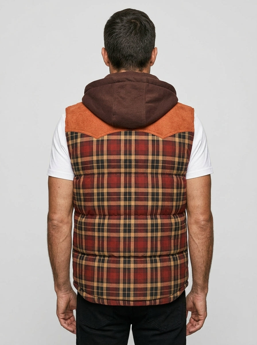 Men's Plaid Puffer Vest — On Model - Back View | Generated by Modelize