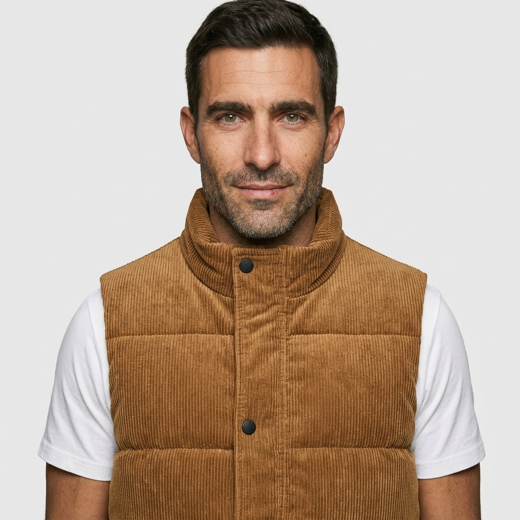 Sleeveless Puffer Vest — On Model - Close-up Detail | Generated by Modelize